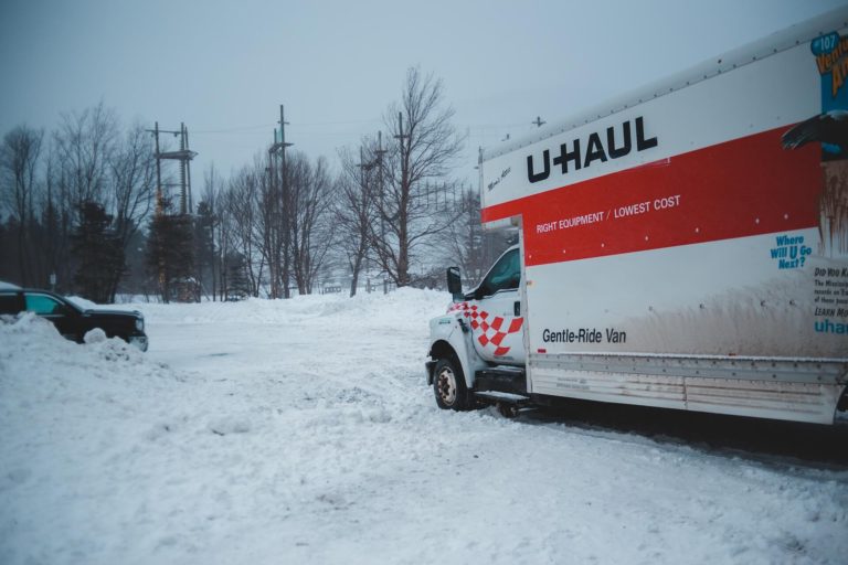 U-Haul moving truck in the snow.